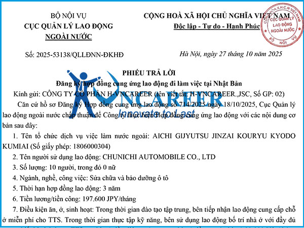 Hợp đồng cung ứng lao động đi làm việc tại Nhật Bản HV1891, HV1958