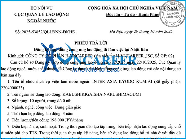 Hợp đồng cung ứng lao động đi làm việc tại Nhật Bản HV1906