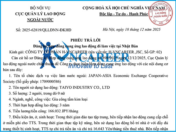 Hợp đồng cung ứng lao động đi làm việc tại Nhật Bản HV1900