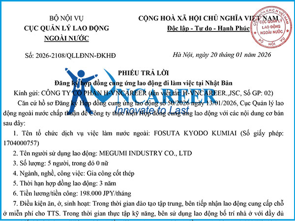 Hợp đồng cung ứng lao động đi làm việc tại Nhật Bản HV2037