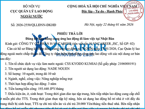 Hợp đồng cung ứng lao động đi làm việc tại Nhật Bản HV2052