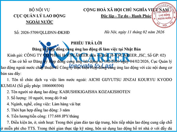 Hợp đồng cung ứng lao động đi làm việc tại Nhật Bản HV2058