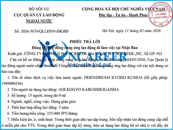 Hợp đồng cung ứng lao động đi làm việc tại Nhật Bản HV2069