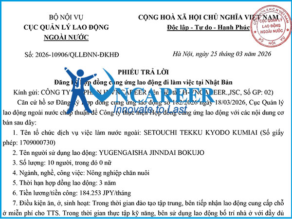 Hợp đồng cung ứng lao động đi làm việc tại Nhật Bản HV2107